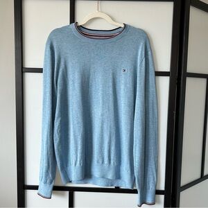 [L] Tommy Hilfiger Men’s Casual Cotton Silk Blend Light Blue V-Neck Sweater